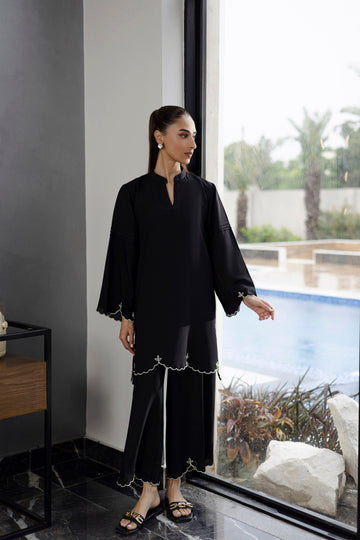 Embroidered Solid 2PC Dress - SP-04 Black
