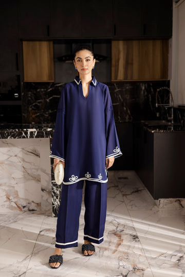 Embroidered Solid 2PC Dress - SP-06 Denim