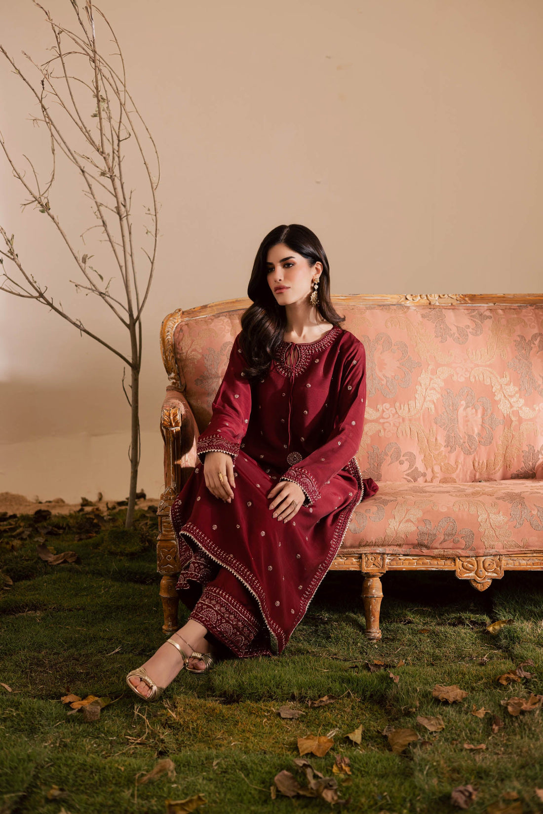 2PC Luxury Embroidered Dress- Maroon