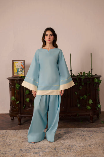 2PC Solid Colour Block Dress - 06 Sky Blue