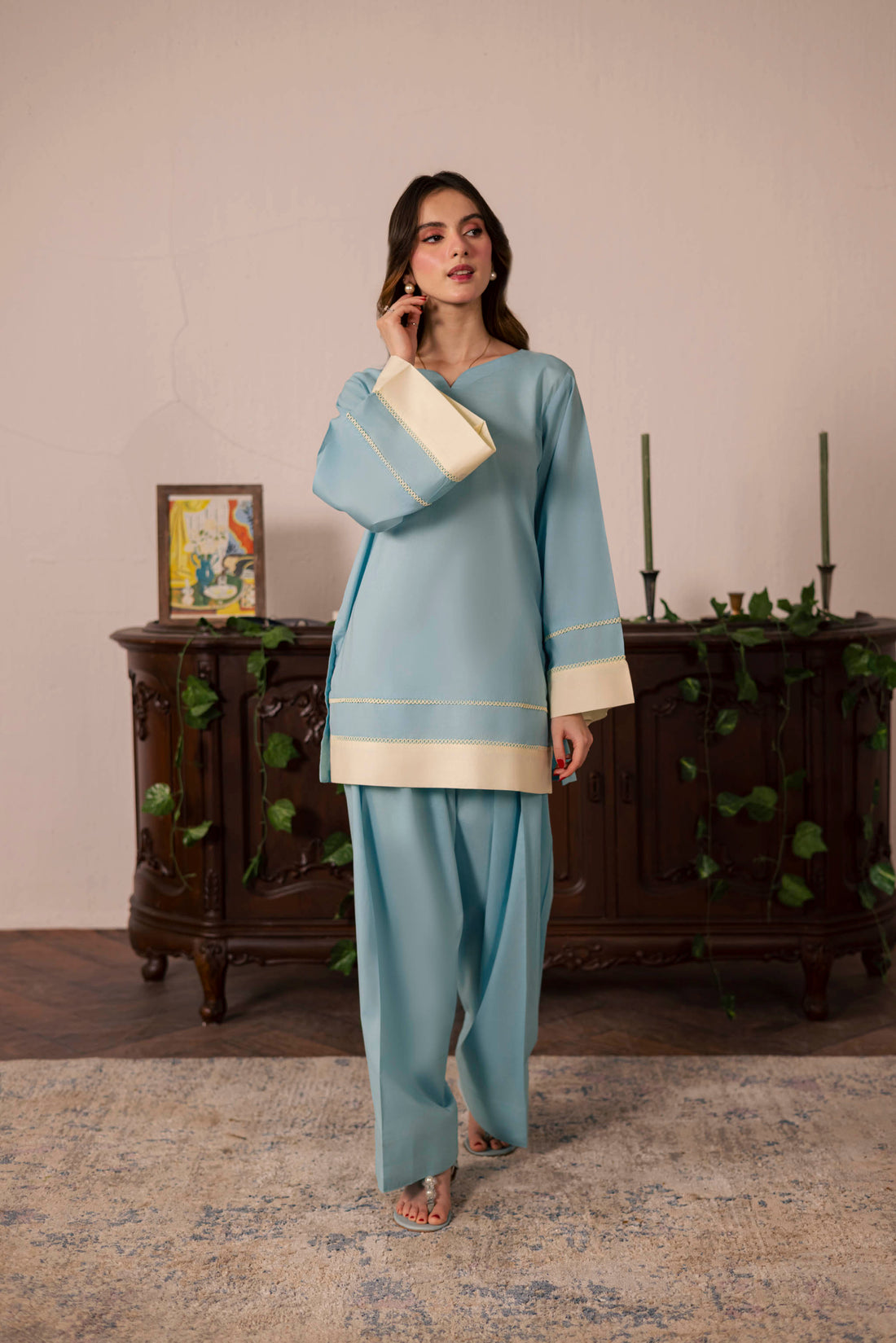 2PC Solid Colour Block Dress - 06 Sky Blue