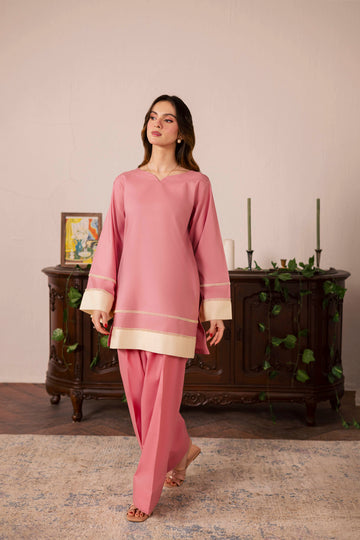 2PC Solid Colour Block Dress - 05 Pink