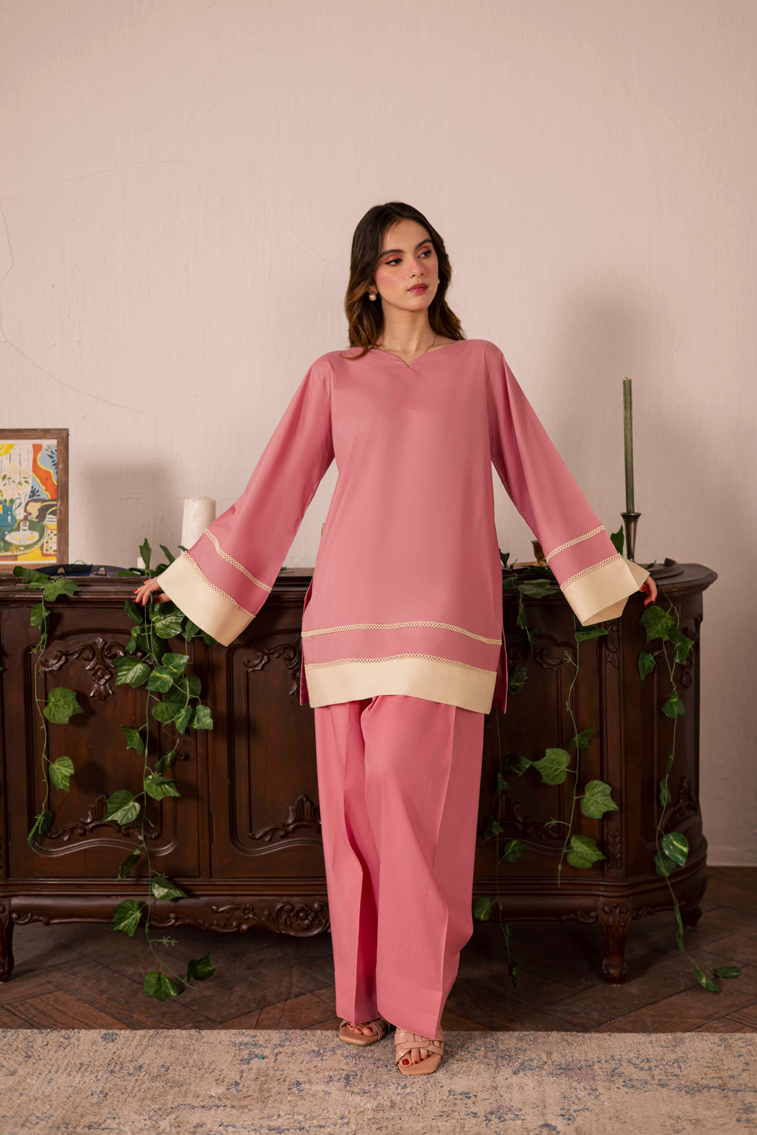 2PC Solid Colour Block Dress - 05 Pink