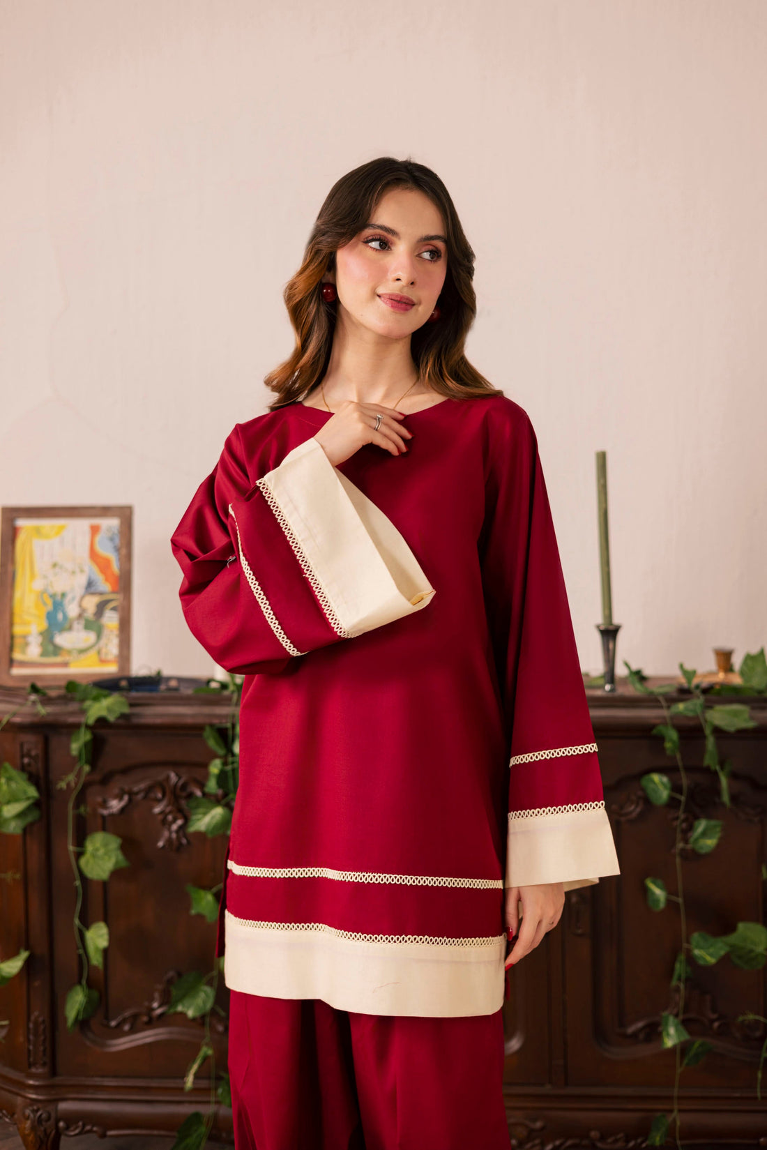 2PC Solid Colour Block Dress - 01 Maroon