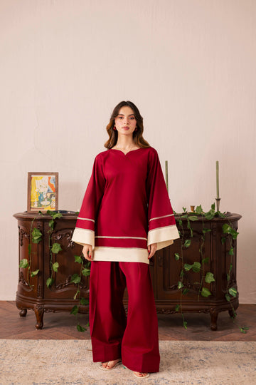 2PC Solid Colour Block Dress - 01 Maroon