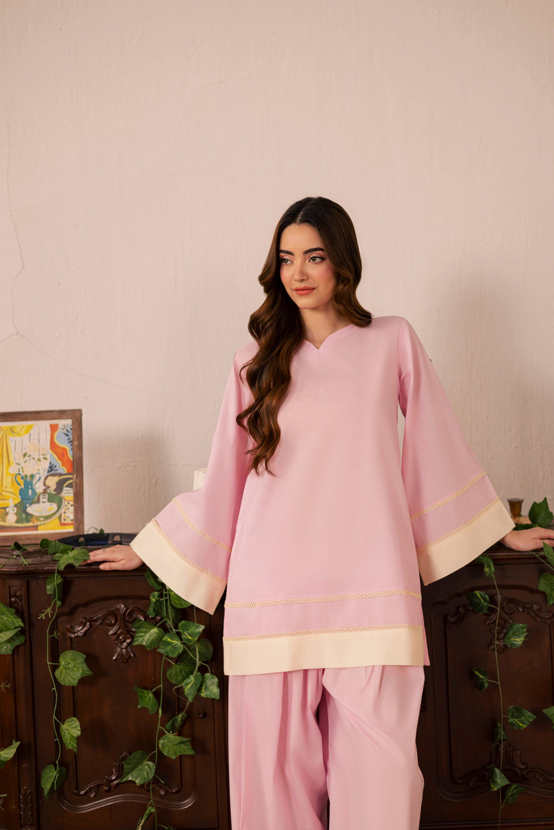2PC Solid Colour Block Dress - 02 Powder Pink