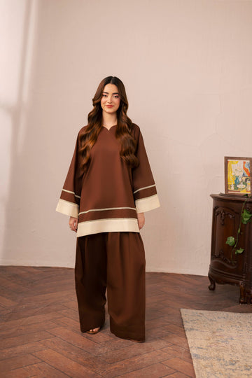 2PC Solid Colour Block Dress - 03 Dark Brown