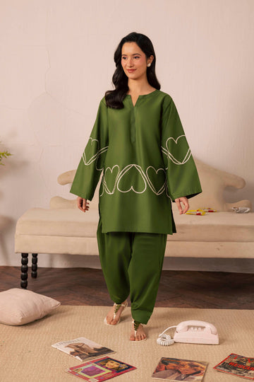 2PC Heart Embroidered Dress - 06 Olive