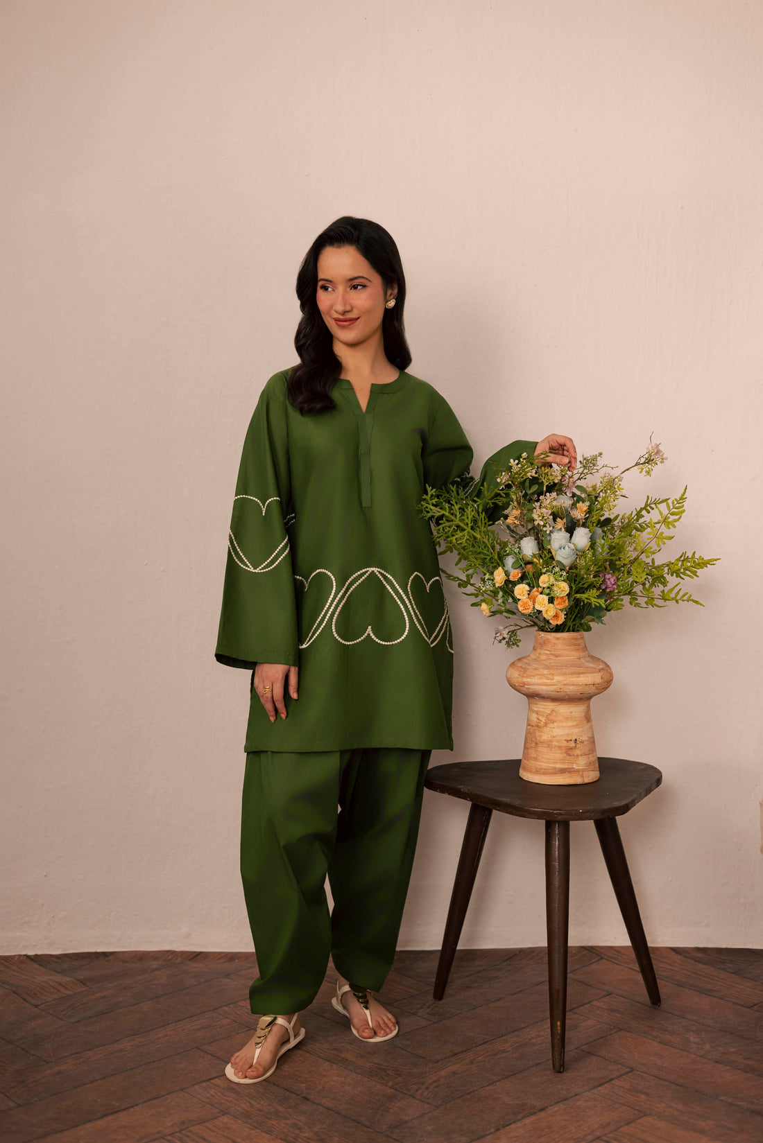 2PC Heart Embroidered Dress - 06 Olive