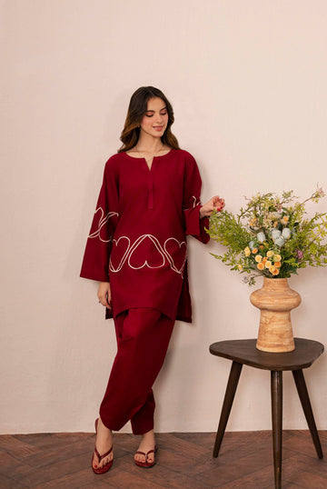2PC Heart Embroidered Dress - 01 Maroon