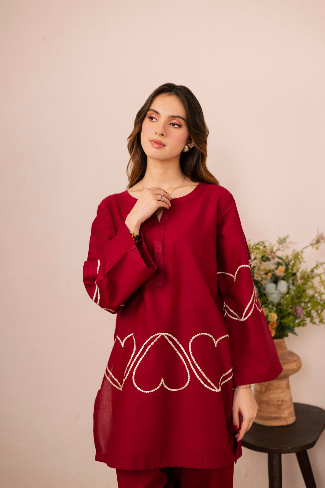 2PC Heart Embroidered Dress - 01 Maroon