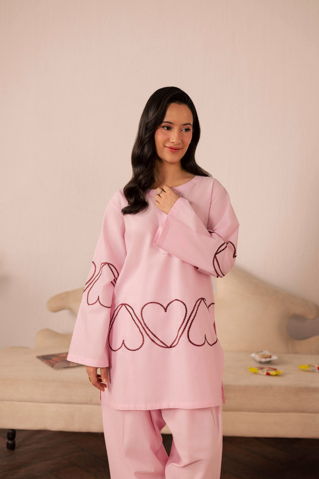 2PC Heart Embroidered Dress - 02 Baby Pink