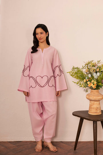 2PC Heart Embroidered Dress - 02 Baby Pink