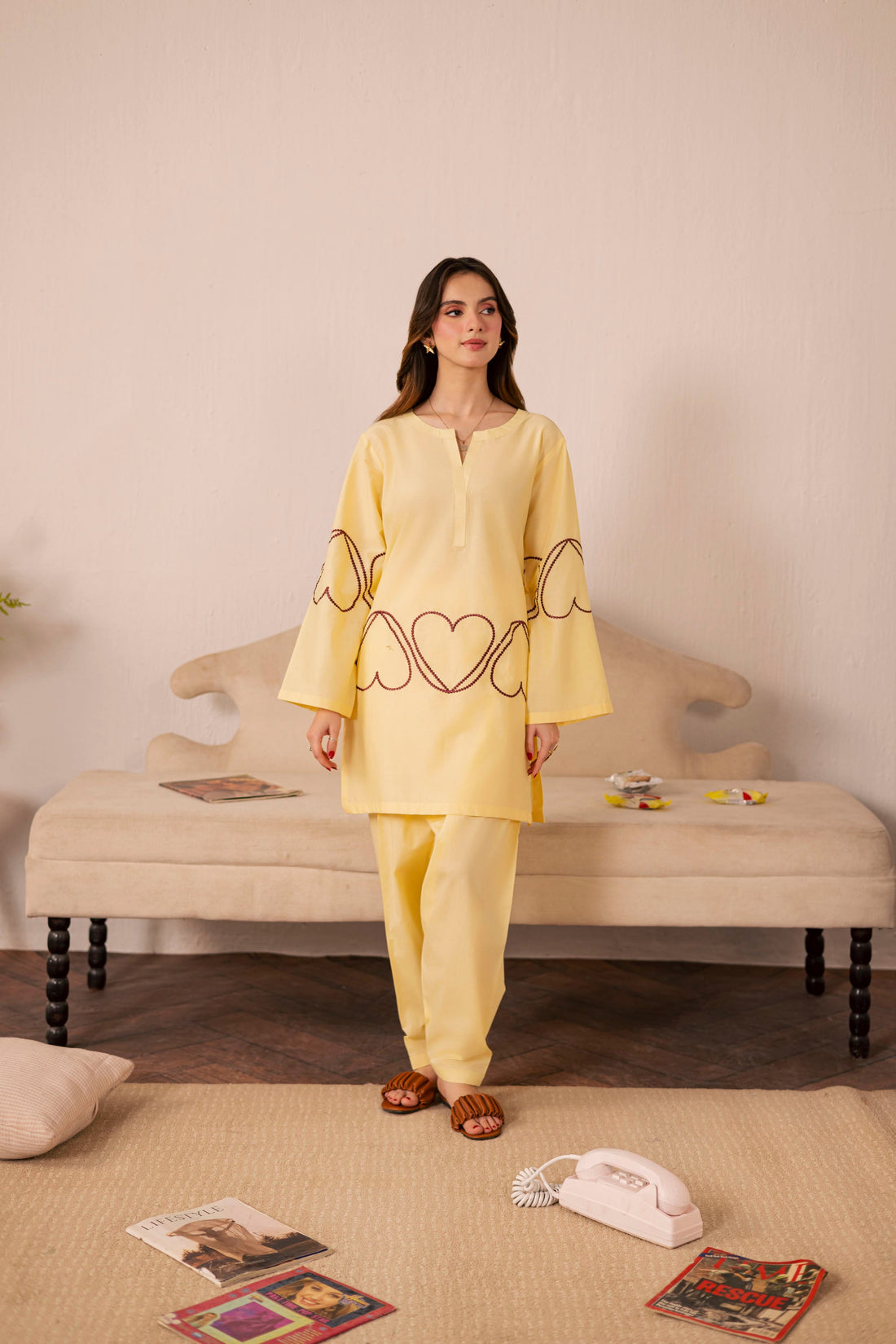 2PC Heart Embroidered Dress - 05 Butter Yellow