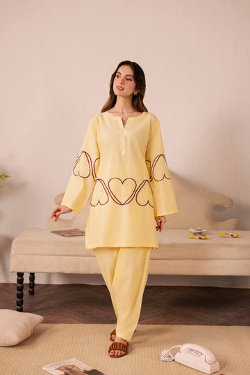 2PC Heart Embroidered Dress - 05 Butter Yellow