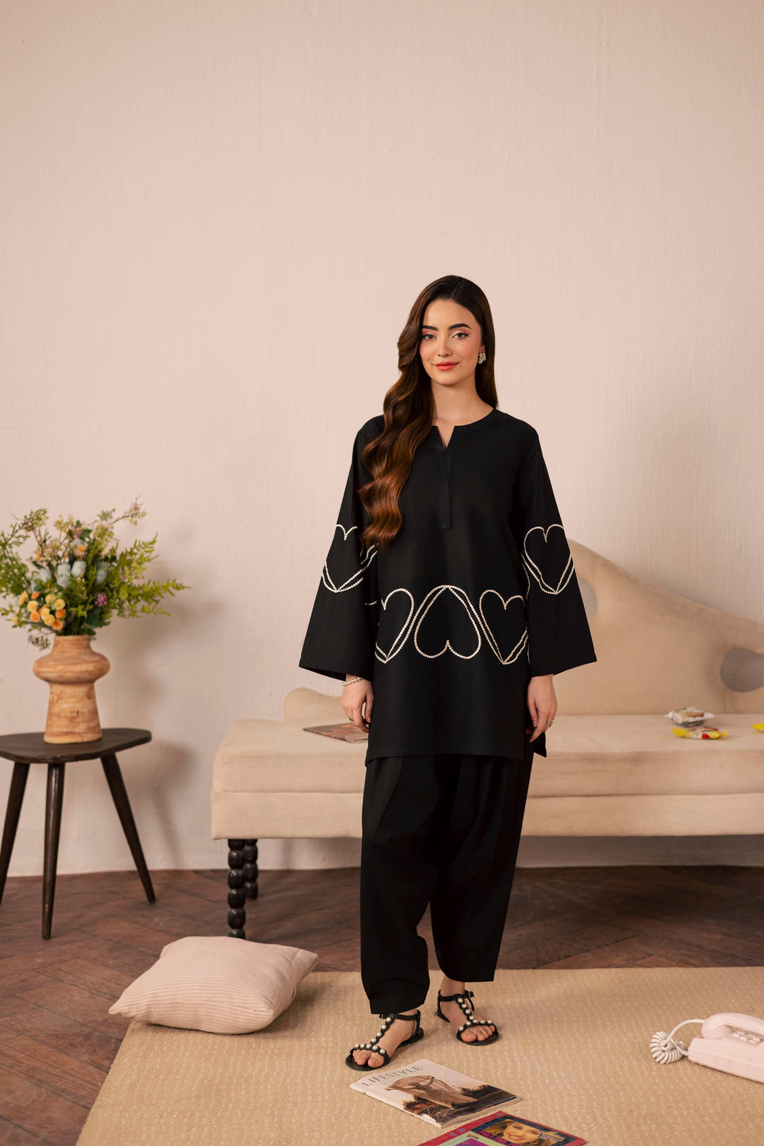2PC Heart Embroidered Dress - 04 Black