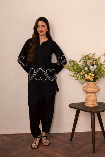 2PC Heart Embroidered Dress - 04 Black