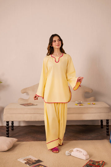 2PC Solid Lace Dress - 01 Butter Yellow