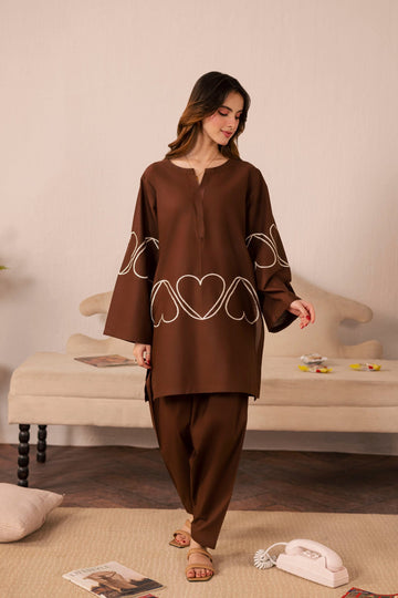 2PC Heart Embroidered Dress - 03 Dark Brown