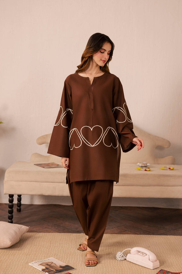 2PC Heart Embroidered Dress - 03 Dark Brown