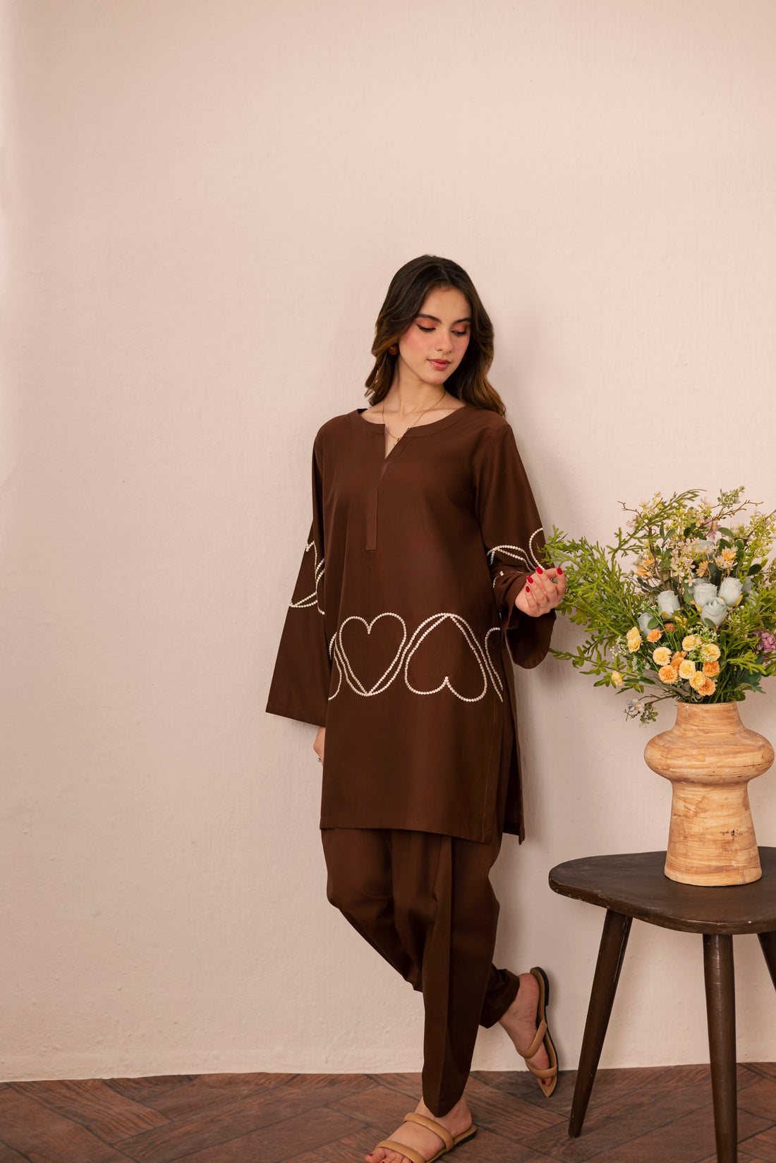 2PC Heart Embroidered Dress - 03 Dark Brown