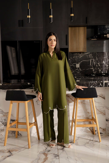 Embroidered Solid 2PC Dress - SP-04 Olive Green