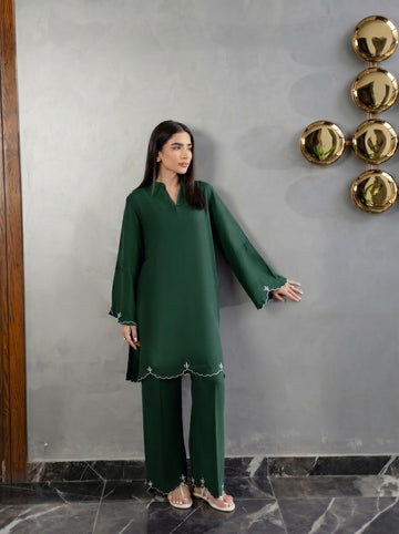 Embroidered Solid 2PC Dress - SP-04 Emerald Green